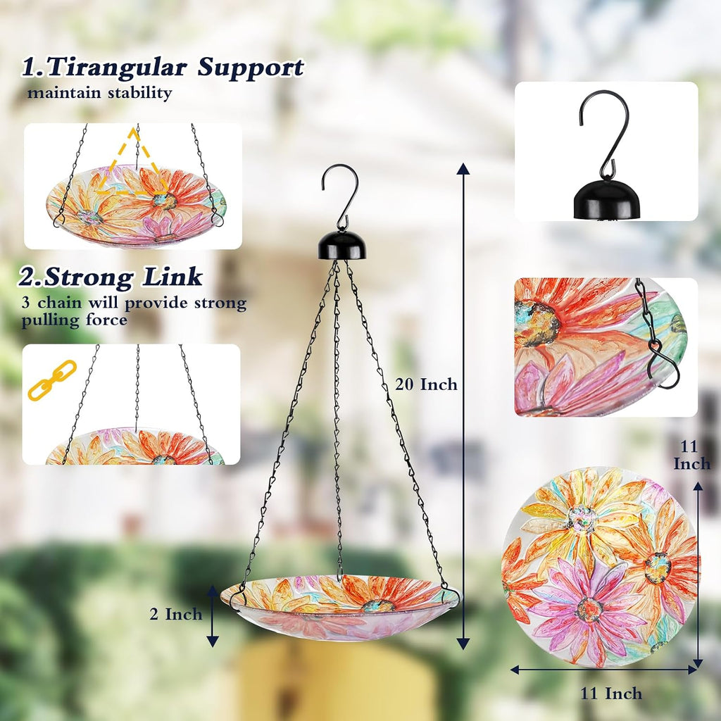 Hanging Bird Bath Outdoors Glass Bird Water Bowl Feeder Garden Decor | 12 Inch Hanging Bird Baths for Outside, Watercolour Daisy Glass Bird Water Bowl Bird Feeders for Garden, Lawn Yard Decor