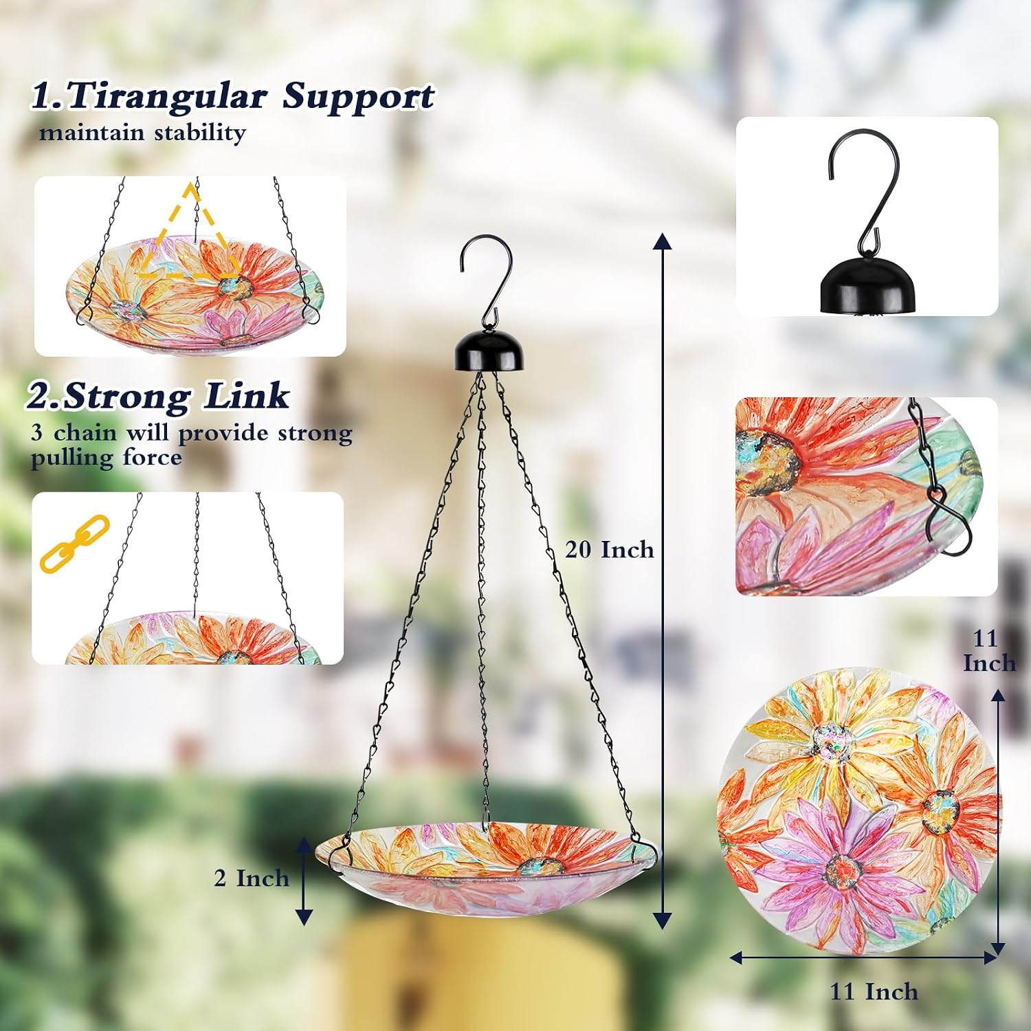 Hanging Bird Bath Outdoors Glass Bird Water Bowl Feeder Garden Decor | 12 Inch Hanging Bird Baths for Outside, Watercolour Daisy Glass Bird Water Bowl Bird Feeders for Garden, Lawn Yard Decor