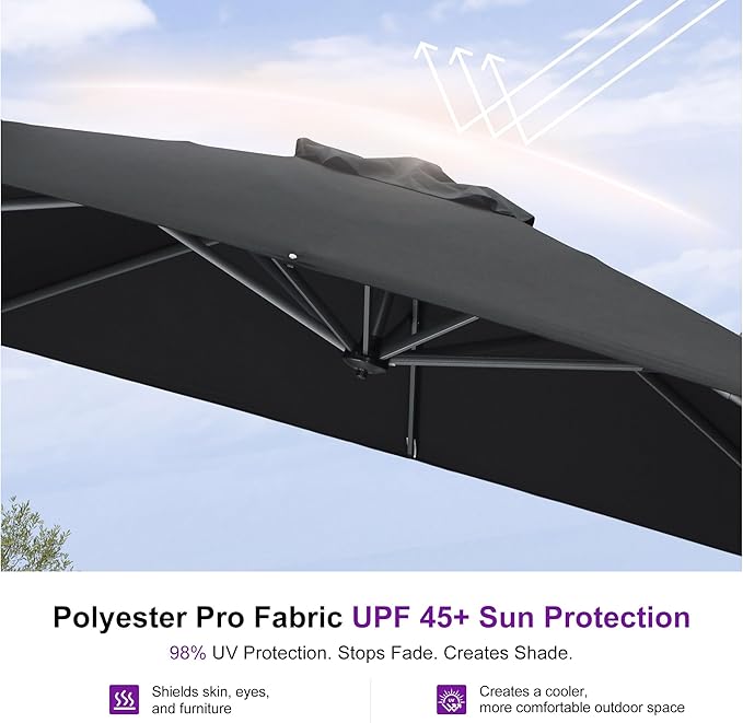 PURPLE LEAF 10 Feet Patio Umbrella Outdoor Cantilever Square Umbrella Aluminum Offset Umbrella with 360-degree Rotation for Garden Deck Pool Patio Black