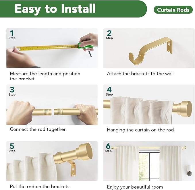 Curtain Rods for Windows 48 to 84, 1 Inch Adjustable Gold Heavy Duty Long Window Curtain Rod, Modern Style Drapery Rods with End Caps, Size 32" - 90"