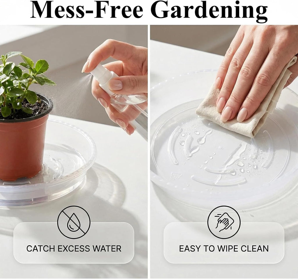 20 Pack Clear Plant Saucer 4.5 Inches Plastic Drip Trays to Catch Water | Round plastic flower pot saucers for indoors and outdoors catch drainage water to protect floors, shelves, decks and patios.