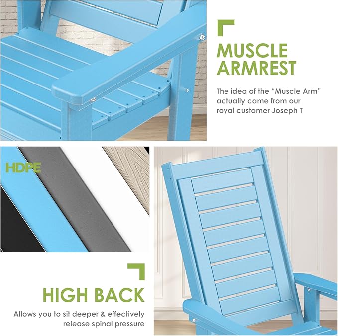 GREENVINES Outdoor Rocking Chair Set | 3-Piece | 2 Rocking Chairs with 1 Side Table | Porch Rocker | HDPE Plastic | Arctic | Patio Furniture Sets | High Back | Big & Tall | Ladder Back