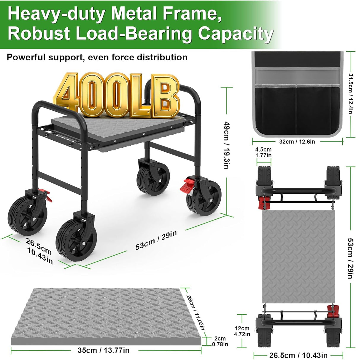 garden seat with 360° brake wheel: 3-in-1 rolling shown in use