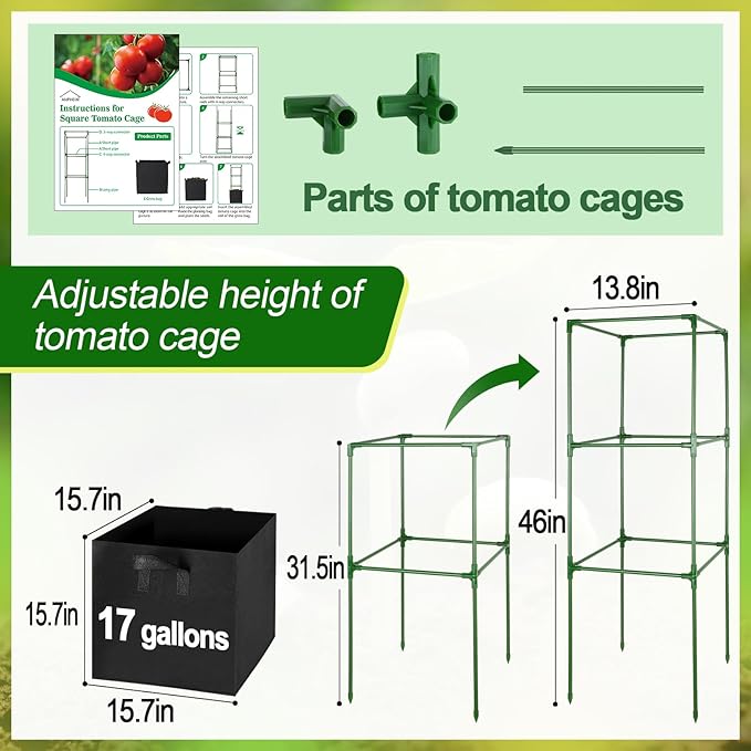 ANPHSIN Tomato Cages with 17 Gallon Grow Bags - 46'' Heavy-Duty Plant Support Cage Kit, Garden Pots with Square Plant Trellis for Flowers Vegetables Cucumber Vertical Climbing Vines, 2 Sets