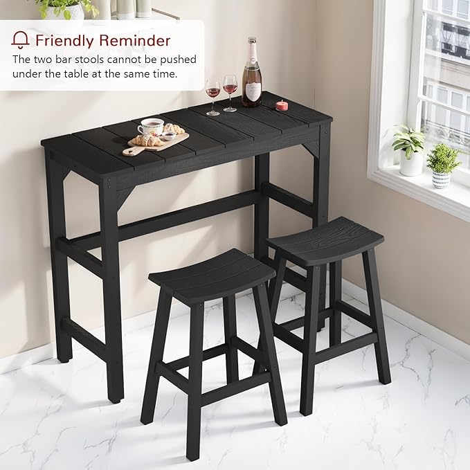 Stoog 3-Pieces Patio Bar Set, All-Weather HIPS Outdoor Bar Stools Set of 2, Counter Height Bar Table with Waterproof Top, Never Fade or Rot, Black