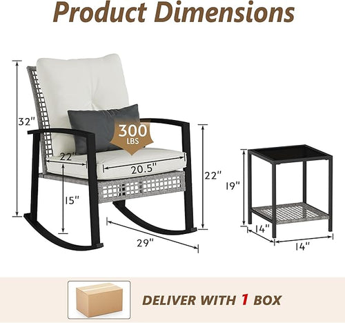 3 Piece Patio Rocking Chairs Set of 2, Outdoor Rocking Chair Bistro Set with Tempered Glass Coffee Table and Thick Lumbar Pillow Set, Front Porch Chairs for Garden, Backyard (Gray Rattan)
