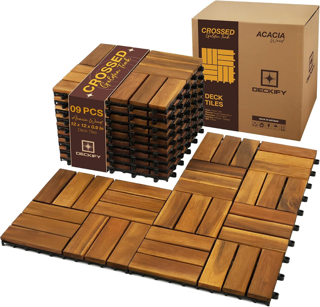 9-piece acacia wood interlocking deck tiles, golden teak, main product view