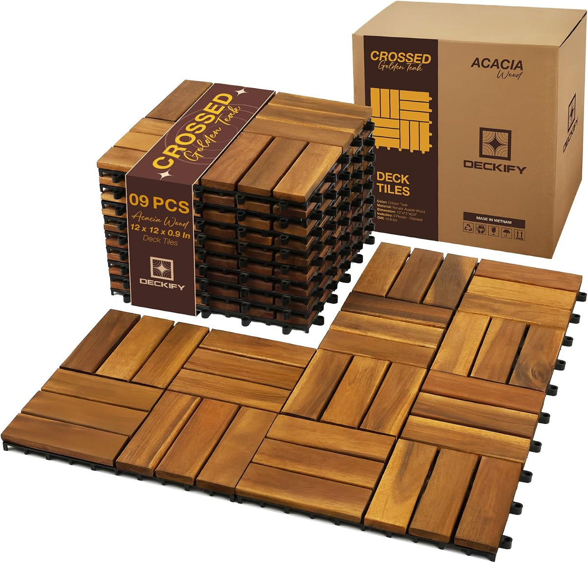 9-piece acacia wood interlocking deck tiles, golden teak, main product view