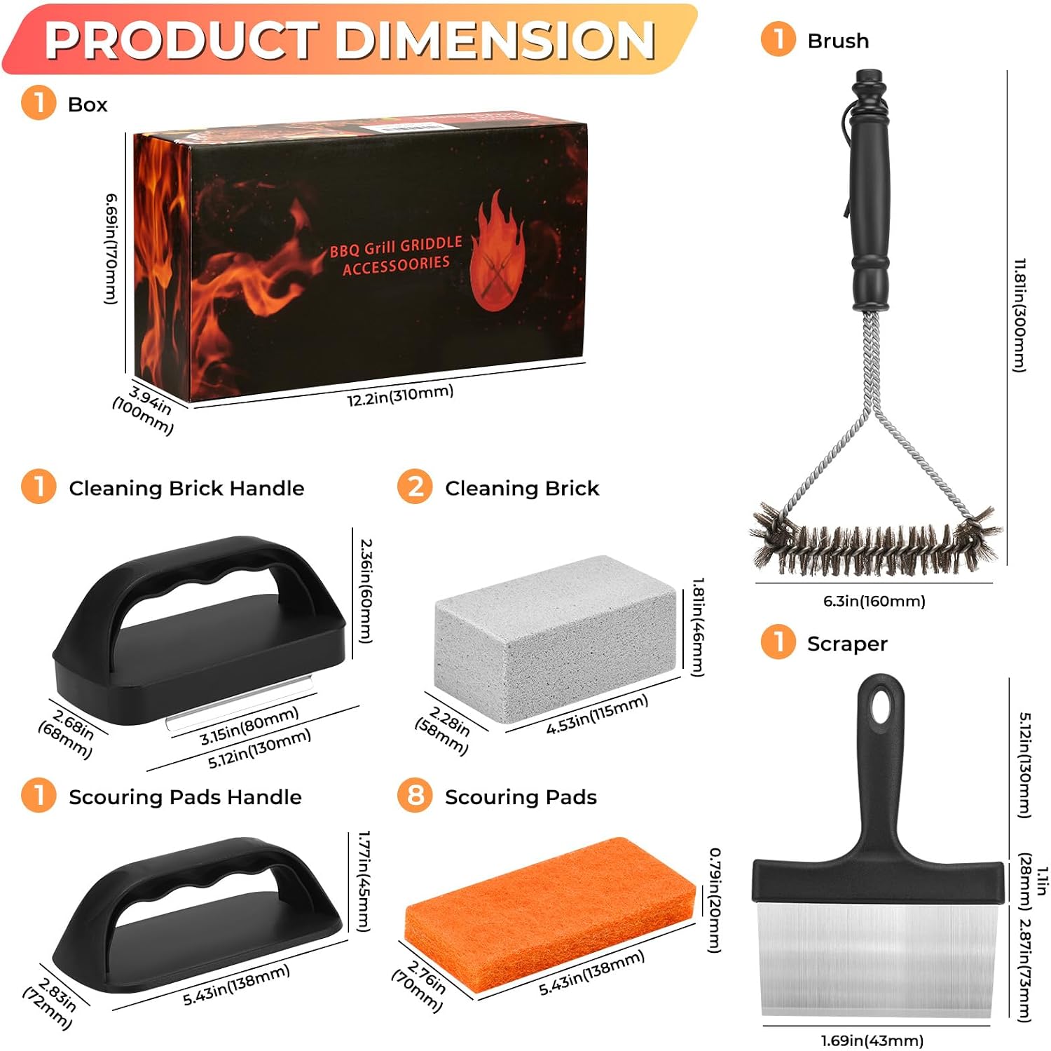 Griddle Cleaning Kit for Blackstone, Flat Top Grill Accessories Cleaner Tool Set Grill Stone, Griddle Scraper, Scouring Pad and Handles, Multifunctional Griddle Accessories Easy to Remove Stain