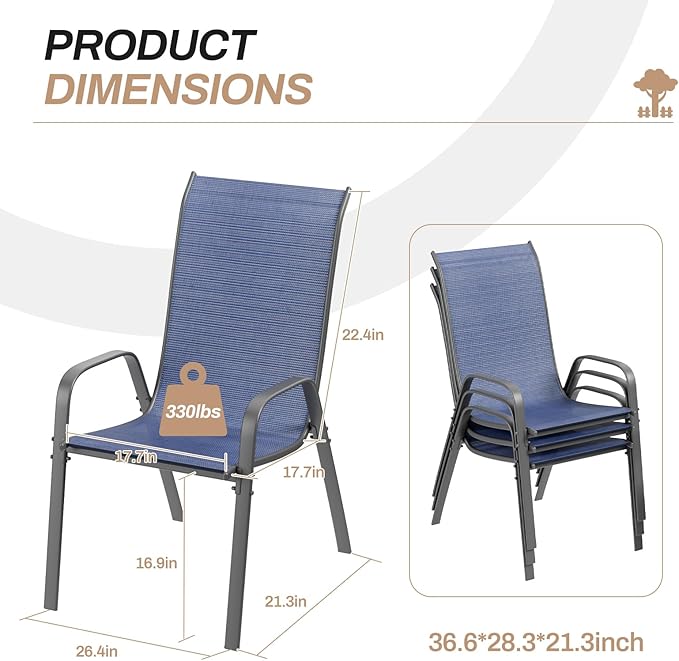 TLSUNNY Patio Chairs, Stackable Textilene Outdoor Dining Furniture for All Weather, with 17.7″ Wide Seat & Metal Frame, for Garden, Backyard, Deck, Restaurant, Poolside (4, Navy Blue, 26.4″)