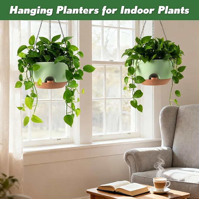 13-inch Oversized Hanging Planter Set of Two,Planters for Indoor and Outdoor Plants.Place Plant pots Across Diverse Settings Including windowsills,Living Room,and Gardens.Green-Brown