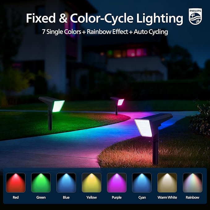 Philips 4 Packs Solar RGBW Spot Lights Outdoor, 18 LED Solar Powered Landscape Lights, 9 Lighting Modes Color-Changing Dusk to Dawn Waterproof Pathway Spotlights for Garden Trees Halloween Christmas