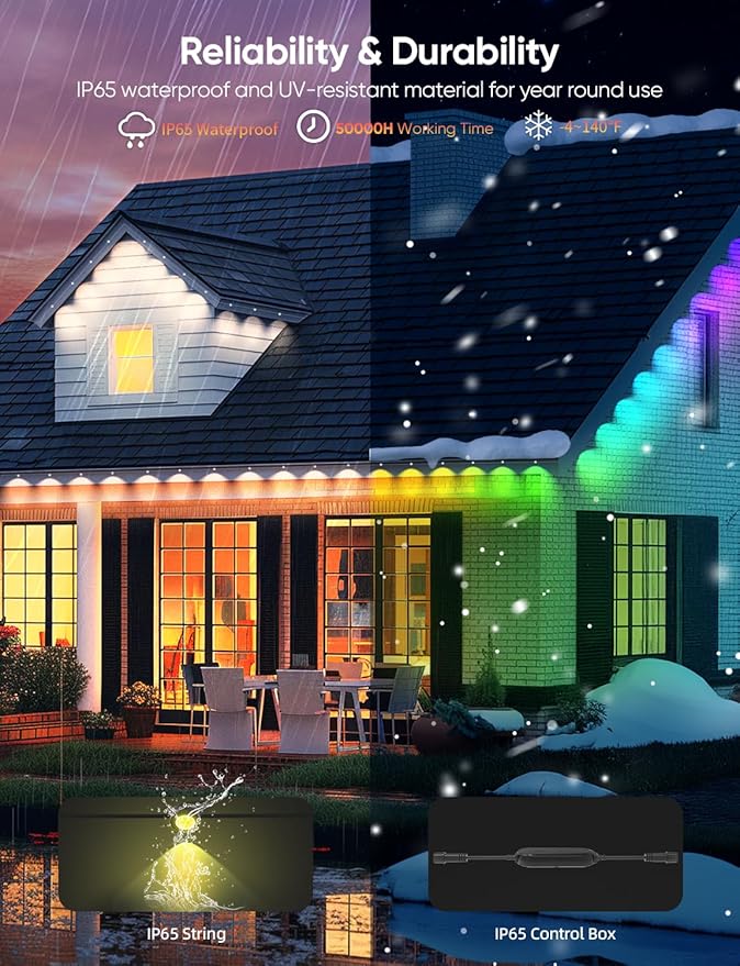 APPECK Permanent Outdoor Lights 100ft with 72 LEDs, DIY Scene Modes, Smart RGBW String Lights Waterproof, App/Remote Control for Christmas, Holiday, Alexa/Google Assistant Compatible, Black