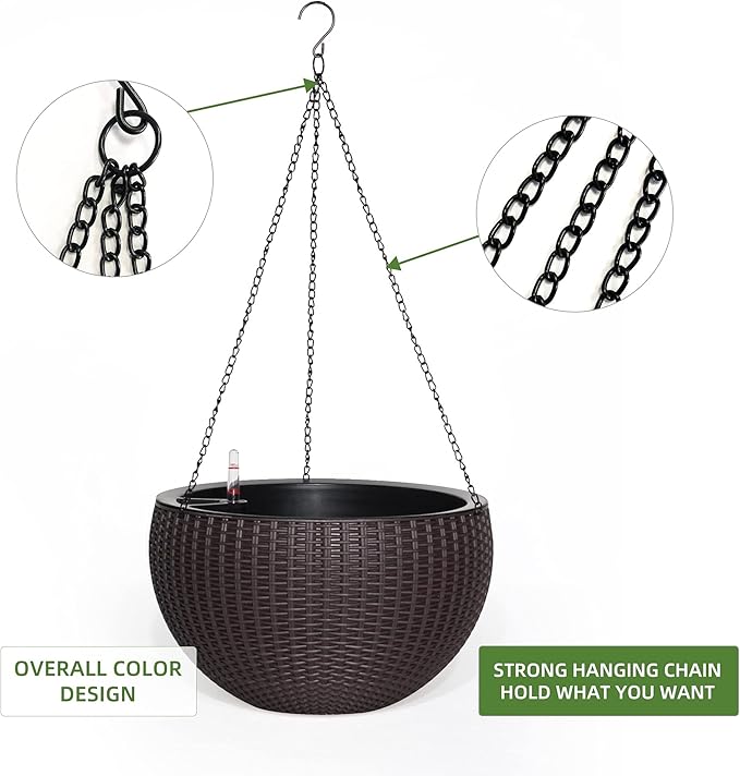 Dexceder 13.5 Inch Large Self Watering Hanging Planters Indoor Outdoor, Thickened Hanging Basket Flower Plant Pot with Water Level Indicator (Brown)