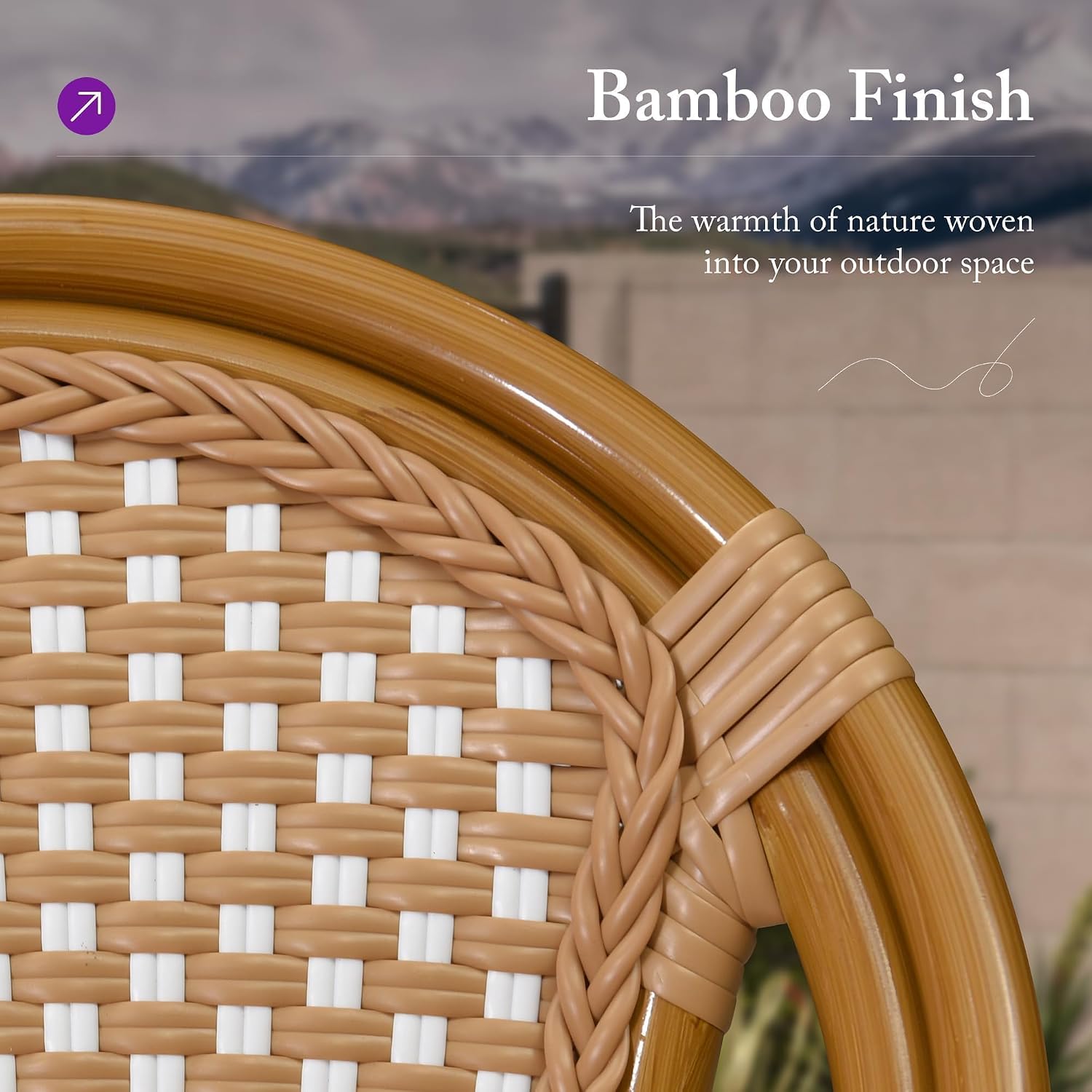 PURPLE LEAF Outdoor Dining Chair Set of 4 Bamboo Finish Amber White | Bamboo Finish Parisian Charm, Coated Aluminum Less Upkeep, Two-Tone Weave Easy Match, French Wicker Timeless Style, Armless
