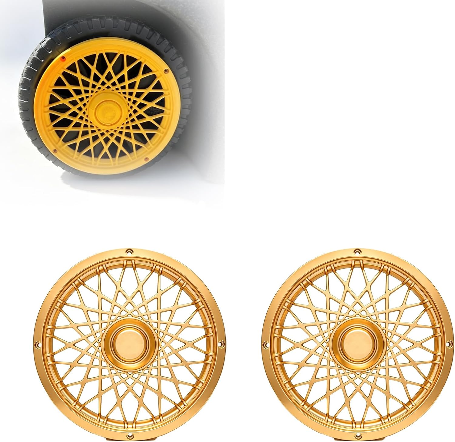 Trash Can Rims with Spiderweb Spoke Pattern for Outdoor Cans | Modern luxury wheel-style design for standard trash cans, woven spoke pattern adds unique visual