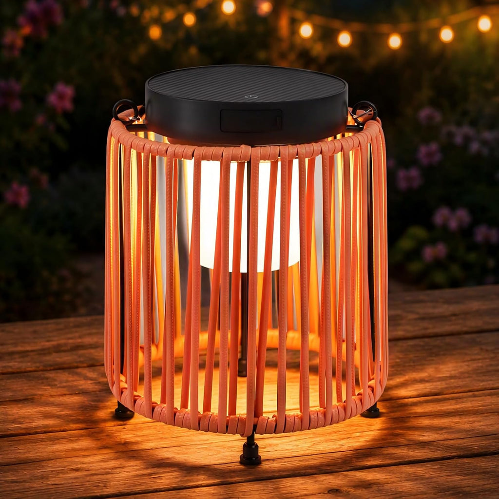 Outdoor Solar Lantern for Patio Waterproof, Rechargeable Table Lamp | Handwoven Wicker Lamp, IP54, 3000mAh, 30+ Hour Runtime, USB-C & Solar Charging for Patio or Indoor, Boho Orange