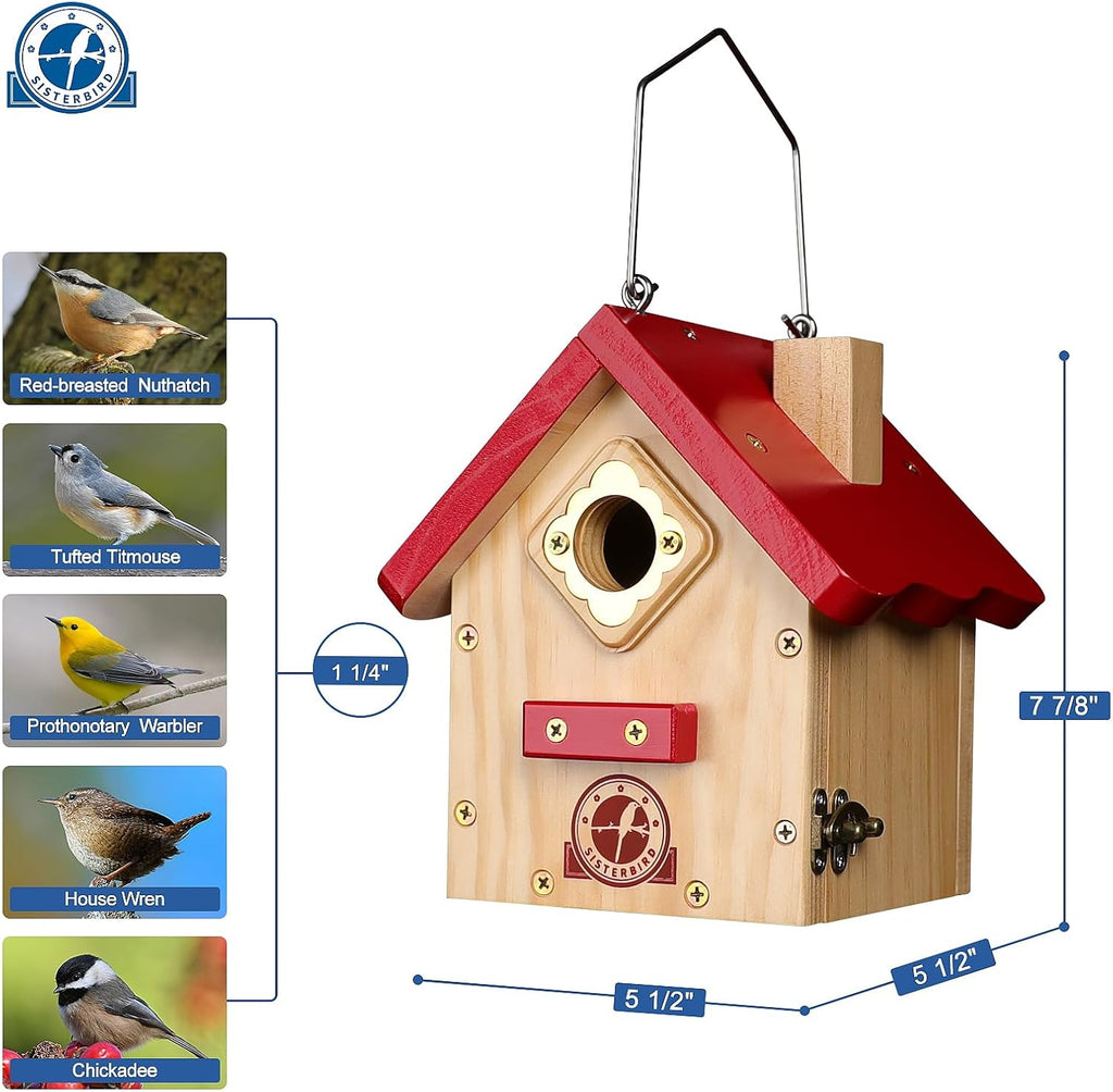 SISTERBIRD Wren Bird House, Premium Wooden Bird Houses for Outside, Classic Cabin Design Birdhouses for Outdoors, Hanging Bird House, Red-Breasted Nuthatch Wren Chickadee