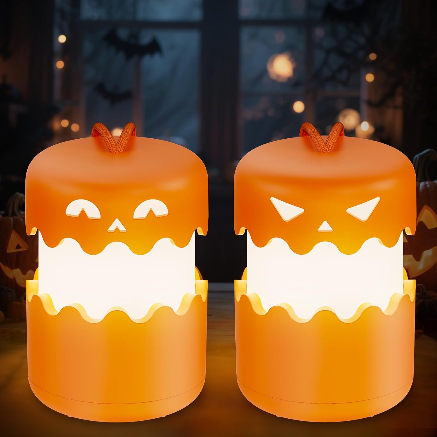 Rechargeable Halloween Pumpkin Lantern Light Collapsible Jack O Lantern | Battery Operated Pumpkin Lantern with Lanyard - Halloween Party Favor Decoration Outdoor Light up Pumpkin for Halloween Party