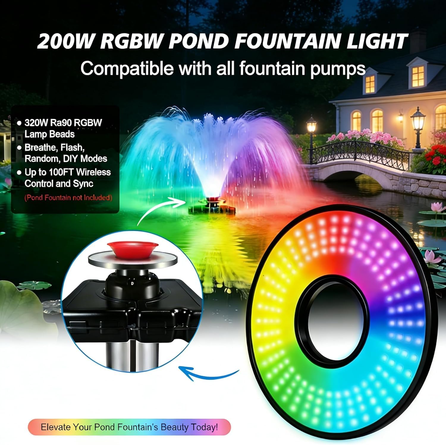 Pond Fountain Aerator,Pond Aerator,with Dynamic LED RGB Lighting Adjustable Modes, Digital Timer | 1 HP 15,000 GPH, 750W 110V, 100FT Cord - for Large Ponds, Lakes & Outdoor Water Features