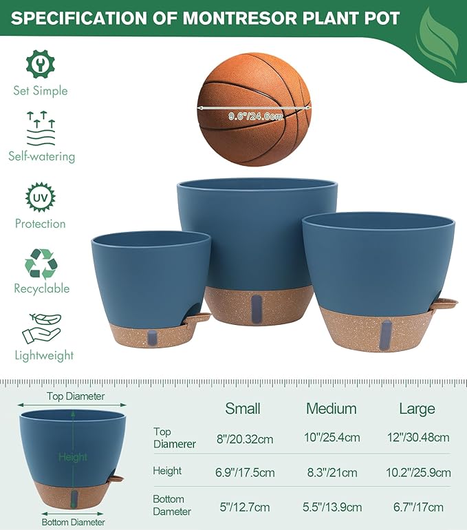 montresor 2 Pack 10 inch Plant Pots, PP Plastic Self Watering Plant Pot with Drainage and Tray for Indoor Outdoor Plants, Water Level Window & Reservoir Flower Pots Outdoor Decorative Planter (Blue)