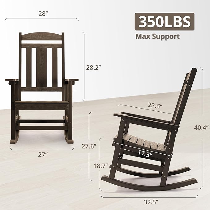 LUE BONA Outdoor Rocking Chairs Set, 3-Piece, Poly Porch Rockers with Table, Plastic Weather Resistant Rocking Chair Set for Outdoor Indoor, Garden, Backyard, 350lb, Brown, Chairs+Table