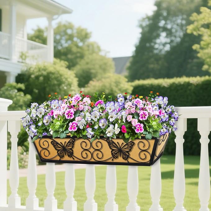 4 Pack 24 Inch Window Boxes Planters Railing Planter Box with Adjustable Brackets for Porch Fence Patio Balcony Hanging Flower Baskets with Woven Fabric for Outdoor Garden Decor - Black