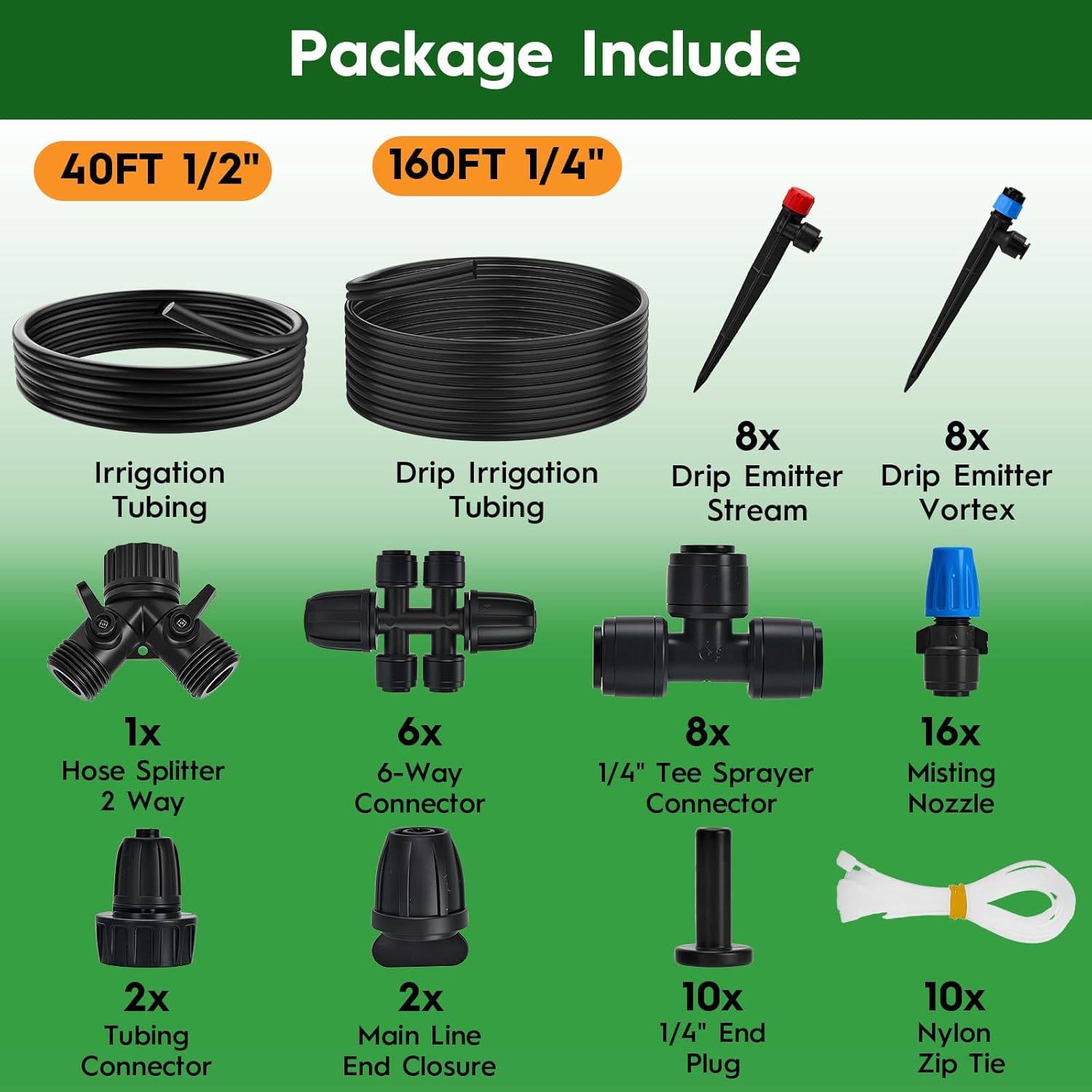 200FT Quick-Connect Drip Irrigation System | Automatic Irrigation Kit with 40FT 2/5" & 160FT 1/4" Tubing and Adjustable Drip Emitters, Garden Watering System for Lawn
