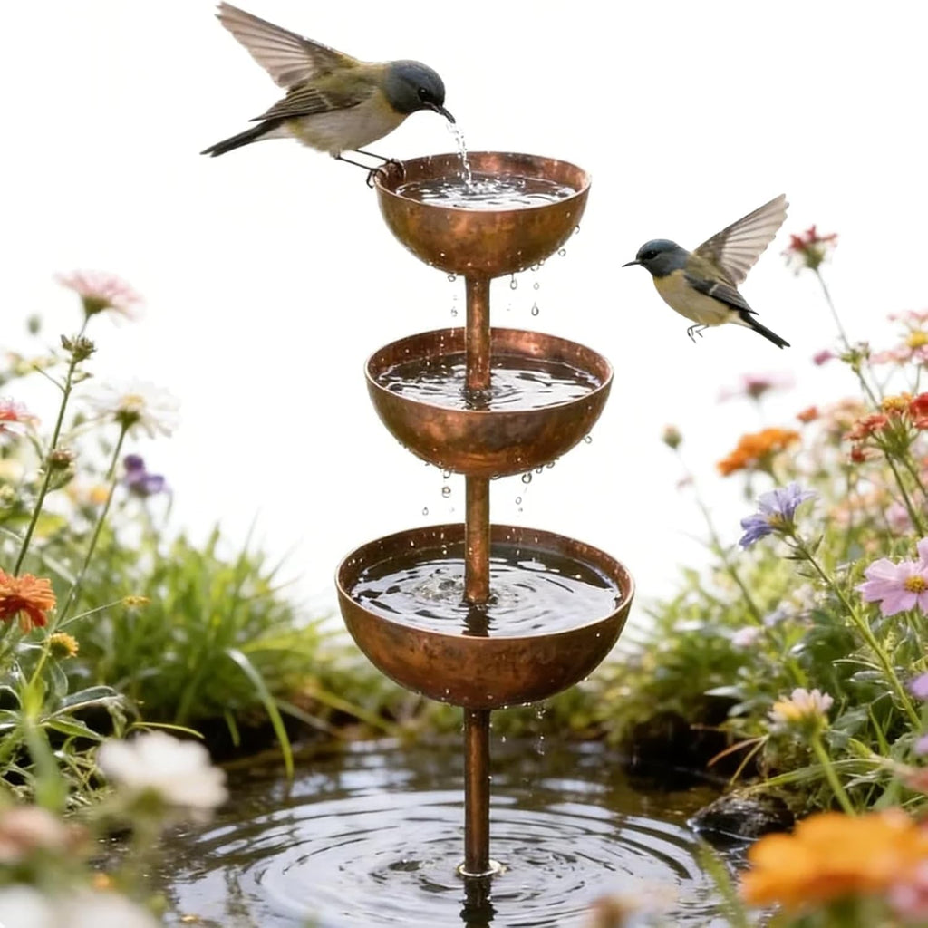 Rain Catcher Garden Stake with Water Bowls, 3-Tiered Metal Bird Bath & Bee Watering Station, Decorative Plant Support for Outdoor Patio Yard Lawn & Garden Art