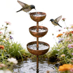 Rain Catcher Garden Stake with Water Bowls, 3-Tiered Metal Bird Bath & Bee Watering Station, Decorative Plant Support for Outdoor Patio Yard Lawn & Garden Art