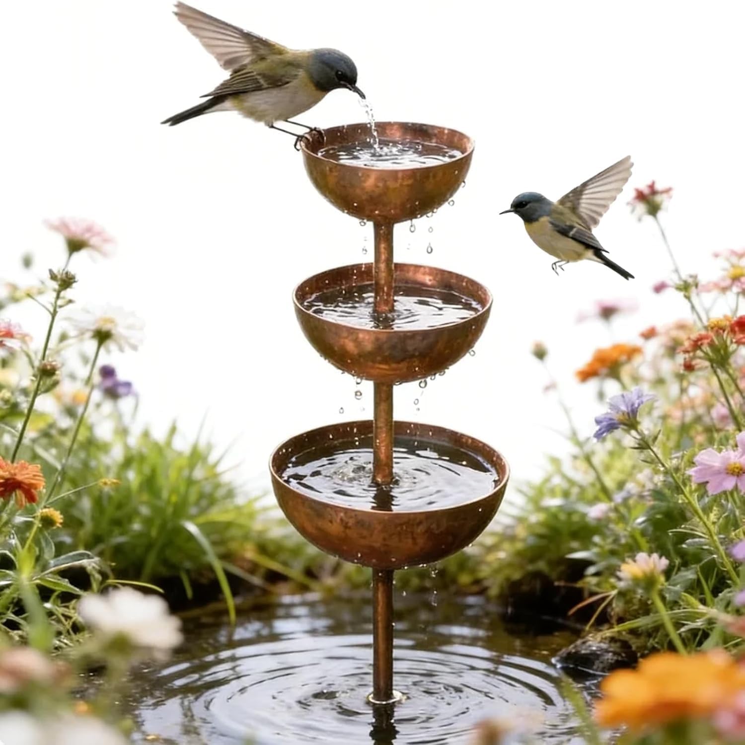 Rain Catcher Garden Stake with Water Bowls, 3-Tiered Metal Bird Bath & Bee Watering Station, Decorative Plant Support for Outdoor Patio Yard Lawn & Garden Art