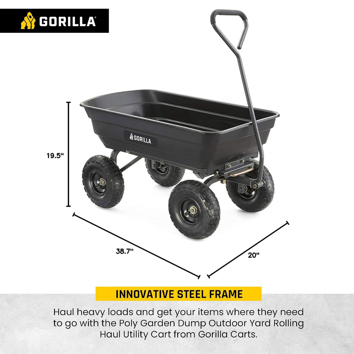 gorilla carts poly dump cart, 600 lb. capacity shown in use