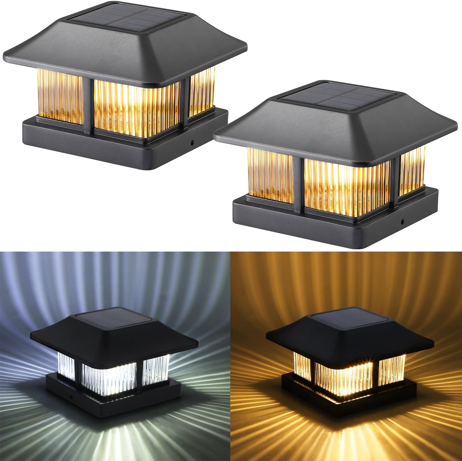 Dynaming 4x4 Solar Post Cap Lights Outdoor with 2 Color Modes, Fence Post Solar Lights Black Shell Brightness SMD LED Lantern Lamps Waterproof for Garden Deck Patio, Fit Wooden/Vinyl Posts, 2 Pack