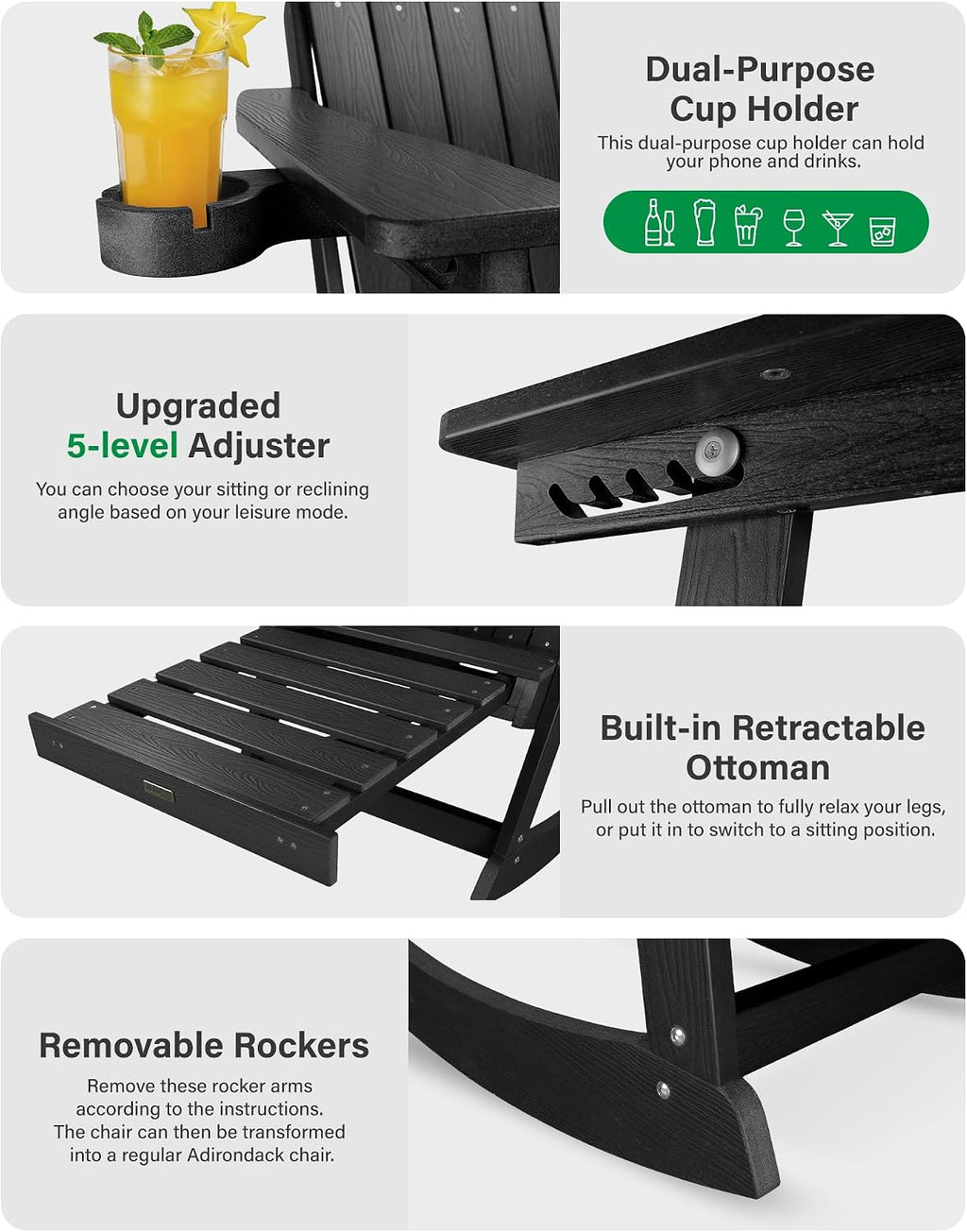 YEFU Adirondack Rocking Chairs Set of 2, with Footrest, All-Weather, Black | 5- Level Adjustable Backrest, Retractable Ottoman & Cup Holder, Like Real Wood, for Outdoor/Patio/Porch, Heavy Duty, 400 lbs