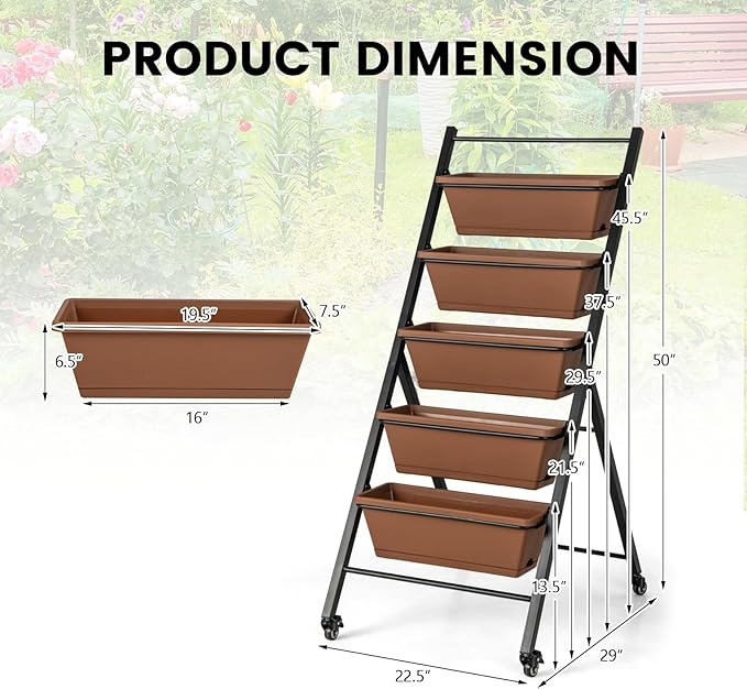 Giantex 2 Pcs Vertical Planter Raised Bed on Wheels, Elevated Garden Beds with Water Drainage Hole, Freestanding 5 Container Boxes for Herb Vegetables Flowers Growing, Outdoor Indoor Patio Balcony