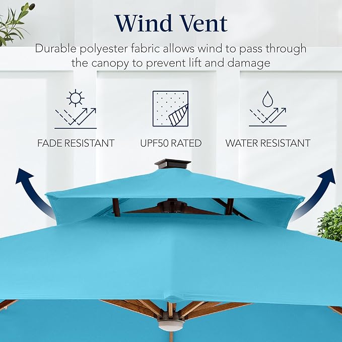 Best Choice Products 10ft Square Cantilever Patio Umbrella w/Base Included, Woodgrain Pattern Pole & Solar LED Lights, 360-Rotation, Offset Hanging Outdoor Shade - Sky Blue