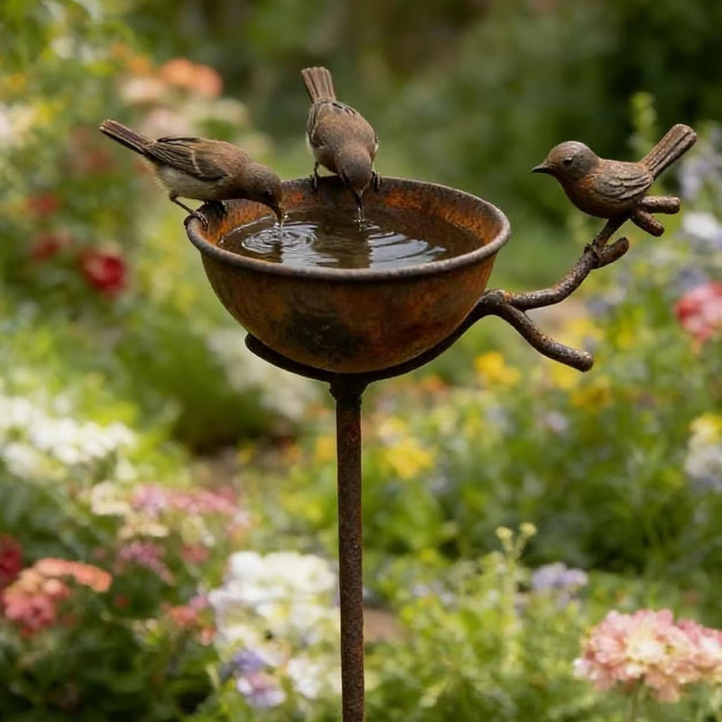 32 Inch Rain Catcher Garden Stake, Antique Iron Metal Water Bowls Bird Bath and Bee Watering Station, Decorative Flower Bed Rainwater Collector Bird Water Feeder for Outdoor Yard Art Decor