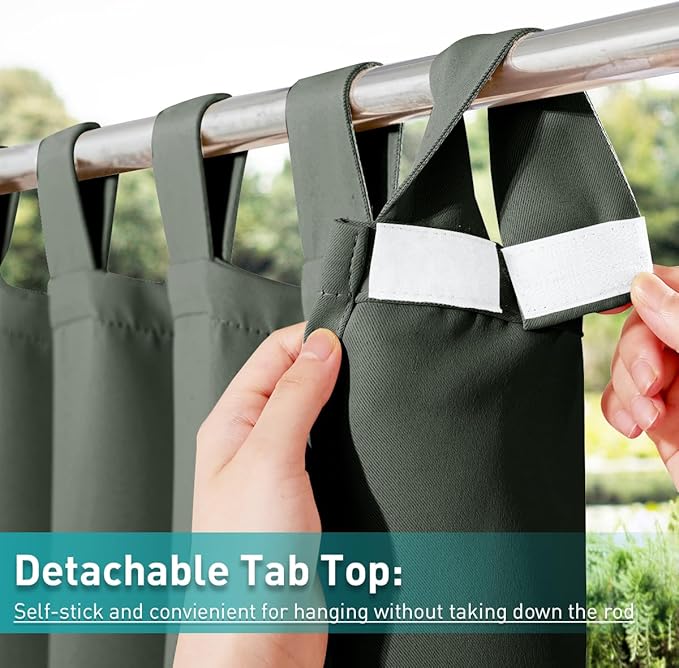 NICETOWN 2 Panels Greyish Green Outdoor Curtainss for Patio Waterproof, Detachable Sticky Tab Top Blackout Indoor Outdoor Blinds Heat & Cold Blocking Privacy for Gazebo/Porch, W52 x L95