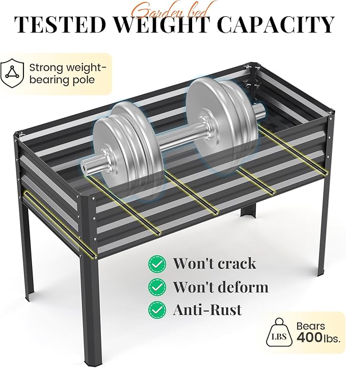 KING BIRD Large Raised Garden Bed with Legs Galvanized Elevated Planter Box 48×24×32 in for Backyard, Patio, Balcony, 400lb Capacity, Dark Grey 2pcs