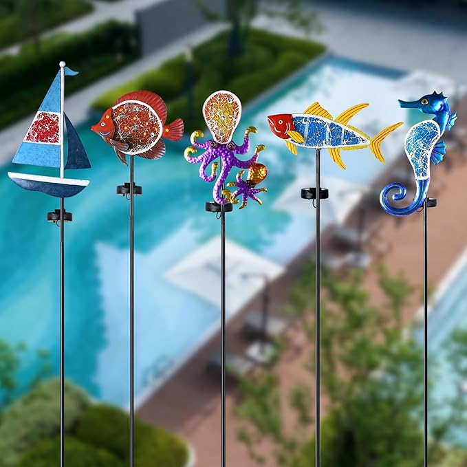 Yiosax-Solar Outdoor Lights Decorative-Yard Outdoor Decorative - Garden Stakes Clownfish Decorative Waterproof 7 LED Light Decor Ocean Beach Theme for Garden Lawn Path Yard Decoration Gift Idea, Red