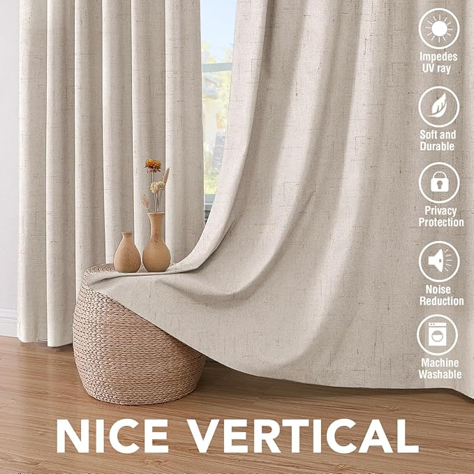 H.VERSAILTEX Blackout Curtains, Linen Curtains 108 inches Long 100% Black Out Curtains for Bedroom Windows, Textured Linen Look Draperies Grommet with White Liner, 2 Panels, Natural