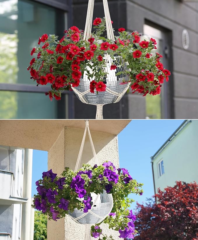Disco Ball Planter, 1pcs 10” Silver Disco Ball Planter, Disco Ball Plant Hanger with Hanging Rope, Hanging Chain, Hook, Circle and Extra Mirror Pieces
