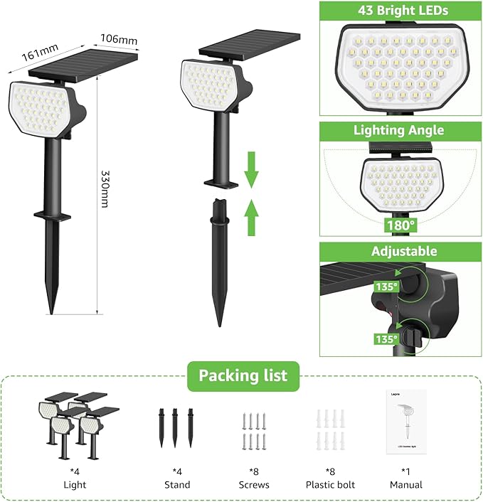 Lepro Solar Decorative Spot Lights 4 Pack, Cool White Modern Accent Lights for Garden & Landscape, IP65 Waterproof Adjustable Spotlight for Architecture, Pathways, Contemporary Decor