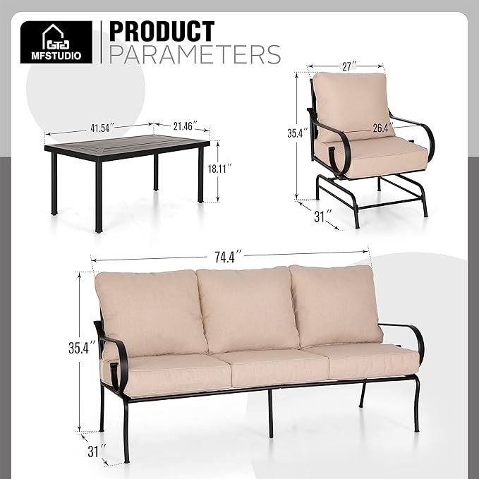 MFSTUDIO 7 Seats Large Metal Patio Conversation Sets, 6 Pieces Outdoor Patio Furniture Sofa with 4 Motion Chairs, 1 Sofa(3-seat) and Table for Outside Balcony Backyard Poolside