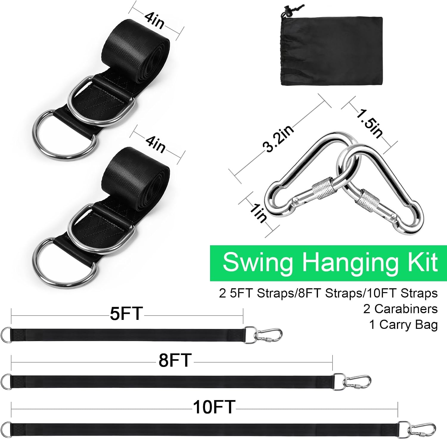 Tree Swing Hanging Straps Kit Holds 2200 lbs,5ft Extra Long Straps Strap with Safer Lock Snap Carabiner Hooks Perfect for Tree Swing & Hammocks, Carry Pouch Easy Fast Installation (5 ft)