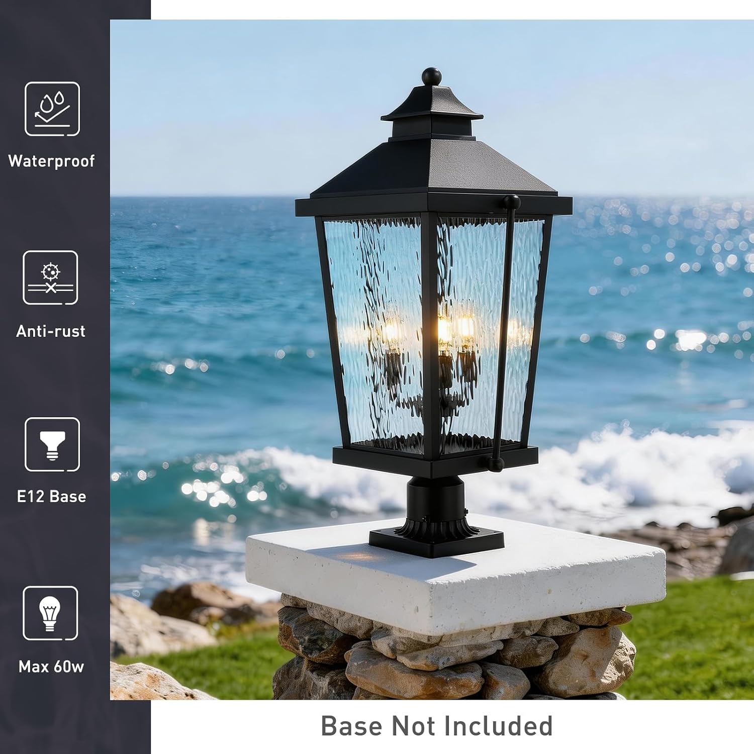 zeyu 26 Inch Outdoor Post Lights, 3 Light Lamp Post Light Fixture Hardwired, Large Waterproof Lamp Pillar Fixtures for Pathway, Water Ripple Glass Shade, Black Finish, ZW105P-L BK-SW