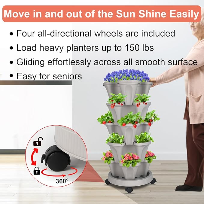 DUNCHATY Stackable Planter, Vertical Garden Planter with Wheels and Tools, Self Watering Strawberry Planter Indoor/Outdoor 5 Tier Herb Planter Pots for Growing Vegetables and Succulents,Gray
