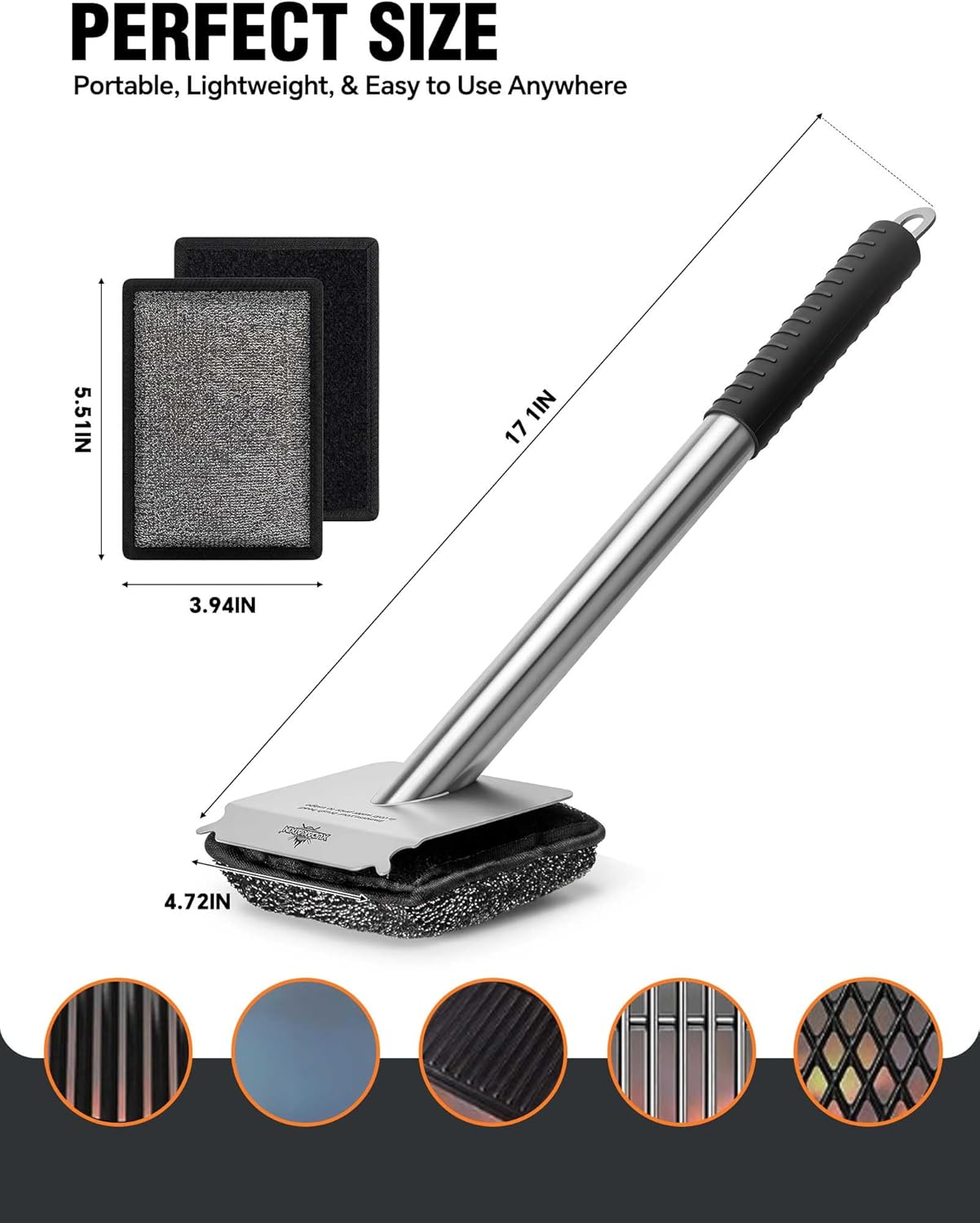 Bristle-Free Steam Grill Brush with 5 Replacement Pads – No Bristle Shedding. Unique Steel Fibers Pads Efficiently Deep Clean All Kinds of Grills. A Safe Outdoor Grill Cleaner. Gift for Men/Dad.