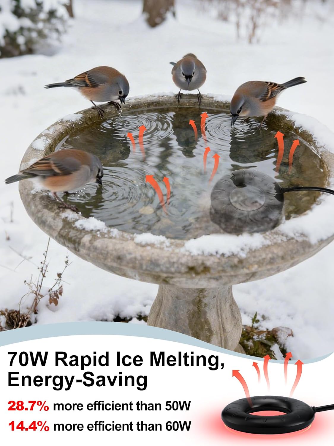 MEWTOGO 6.6ft Cord Bird Bath Heater for Outdoors in Winter - 70W Submersible Energy-Saving Chicken Coop Water Deicer with Thermostatic Control for Yard Patio to Keep Water Ice-Free