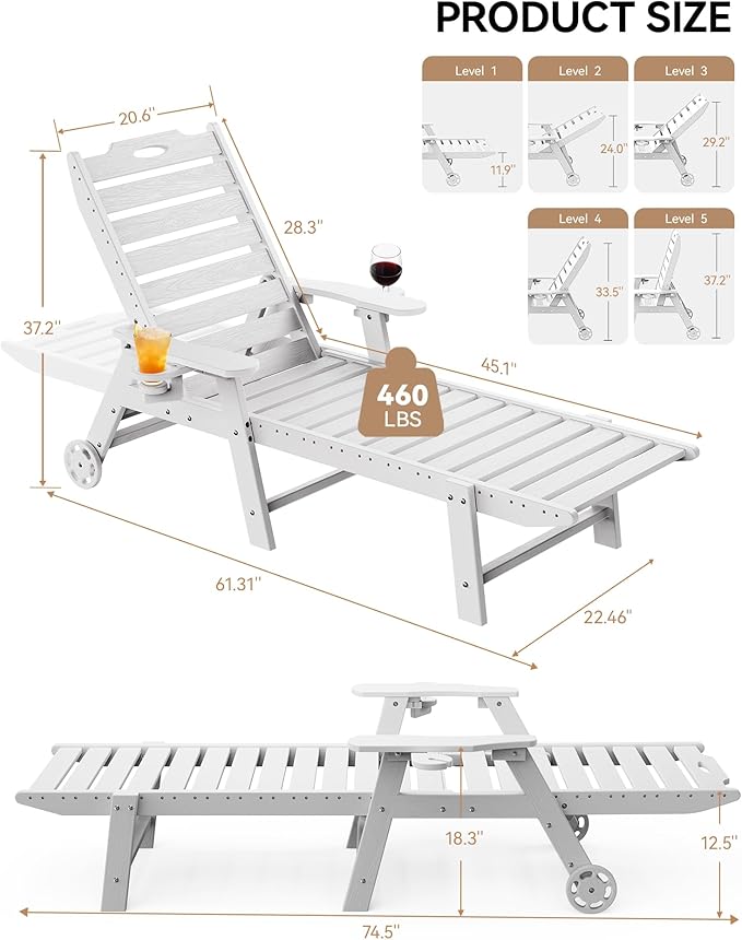 Carauci Lounge Chair Outdoor Set of 4, HDPE Chaise Lounge with Wheels, 5-Position Adjustable Backrest & 2 Cup Holders Patio Lounge Chair, All-Weather Pool Sun Lounger for Poolside, Backyard, White